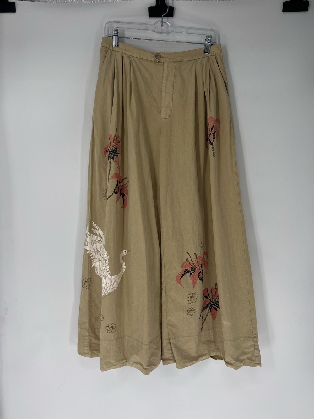 Tricia Fix Beige Wide-Leg Pants with Embroidered Crane & Tigerlily Florals Small